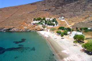 beaches porto klaras sandy beach near local houses in Kythnos