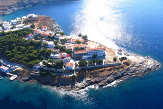 about kythnos porto klaras island view from above: local houses and the Aegean Sea